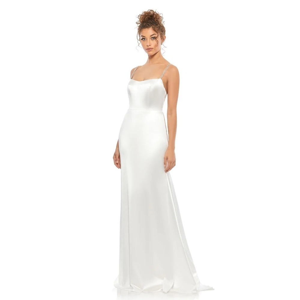 Mac Duggal 12428 White Charmeuse Rhinestone Strap Trumpet Gown 2 NEW